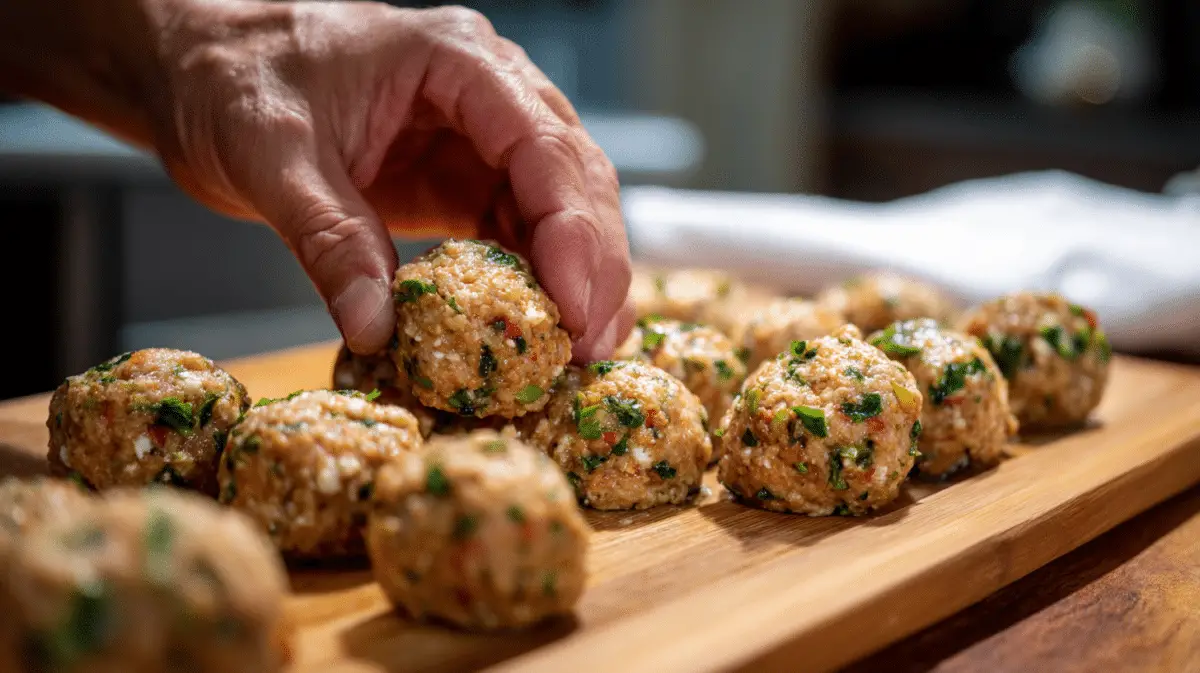 Hand forming chicken meatballs with herbs and feta on a wooden surface