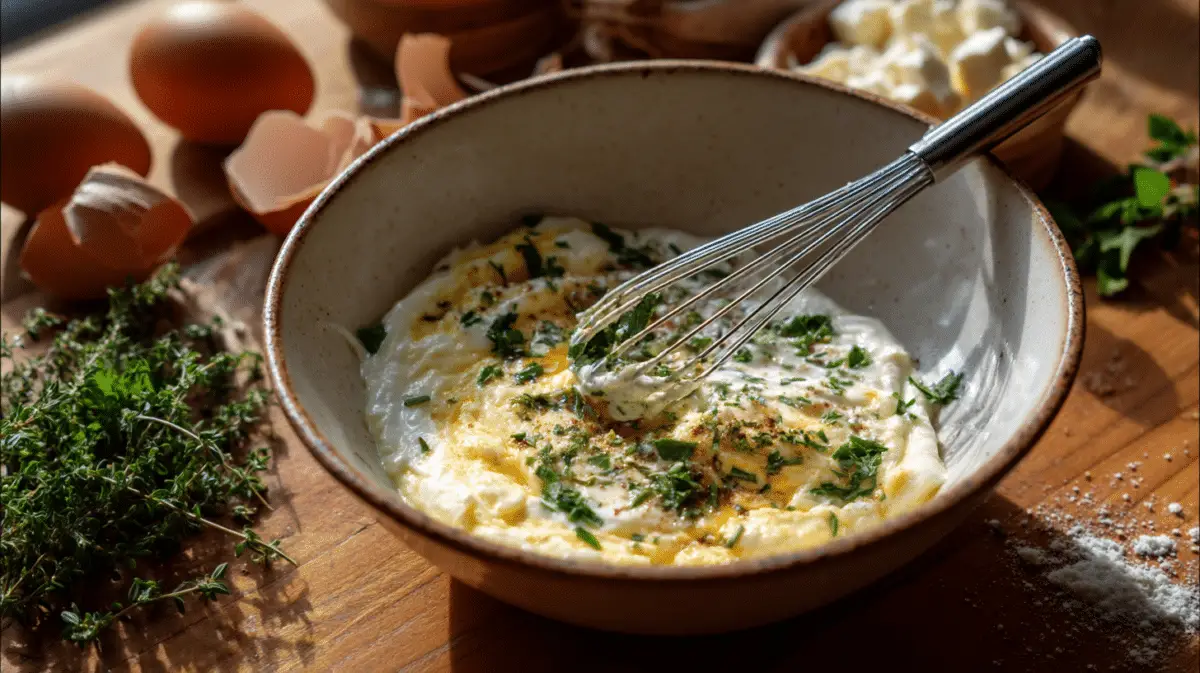 Bowl of eggs and yogurt being whisked on a wooden surface with herbs and cheese nearby