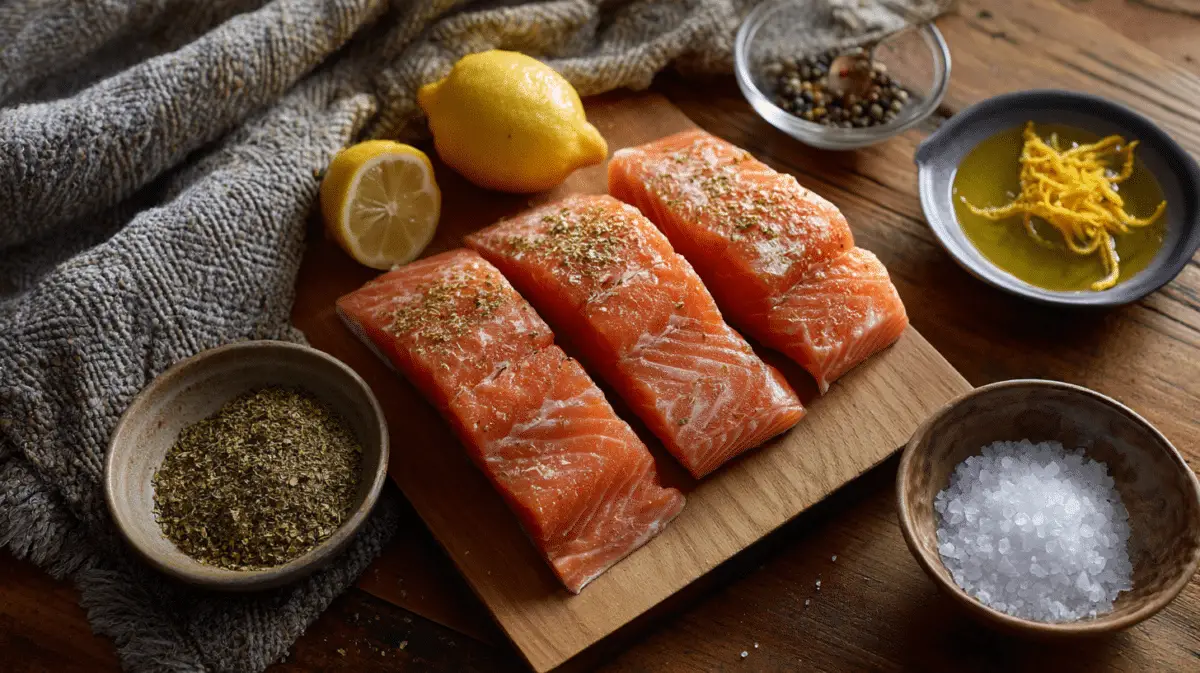Raw salmon and za’atar seasoning on a board ready for preparation