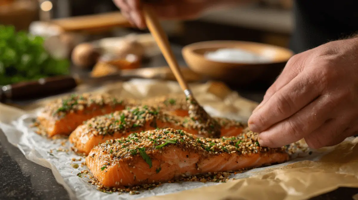 Hand spreading za’atar mixture onto salmon fillets on a baking sheet