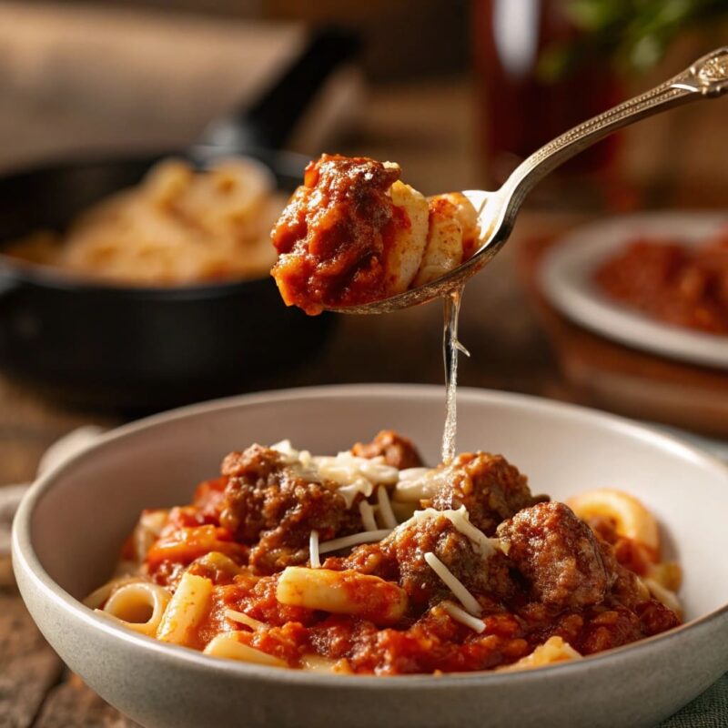 A close-up of a spoon lifting a bite of homemade beefaroni, showing tender pasta coated in a thick, hearty tomato meat sauce with melted Parmesan cheese. The background is blurred, creating a warm and inviting feel.