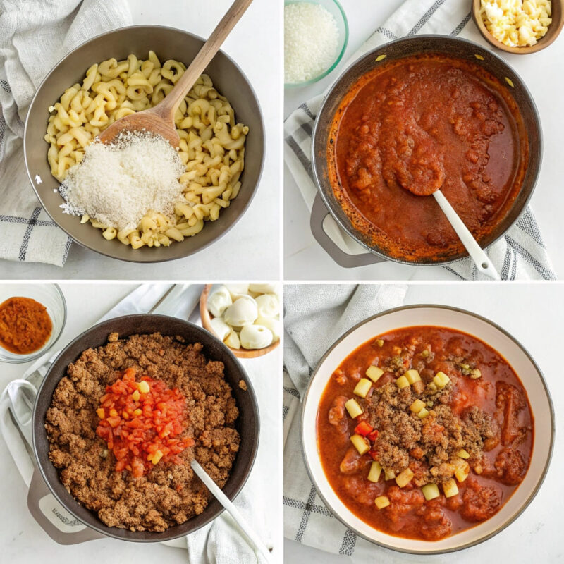 A four-step collage of making homemade beefaroni: boiling elbow macaroni, browning ground beef with onions and garlic, stirring tomato sauce and seasonings into the meat, and combining the pasta with the rich sauce, topped with cheese.