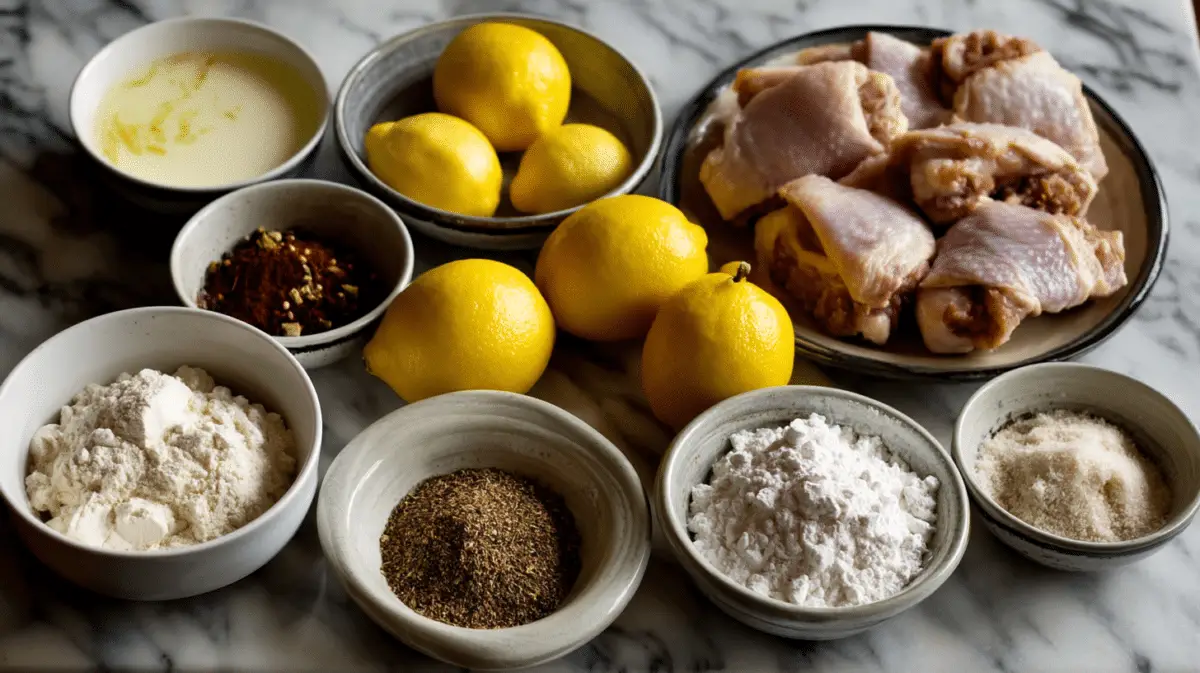 Raw chicken, lemon, buttermilk, and spices arranged for marinating and coating
