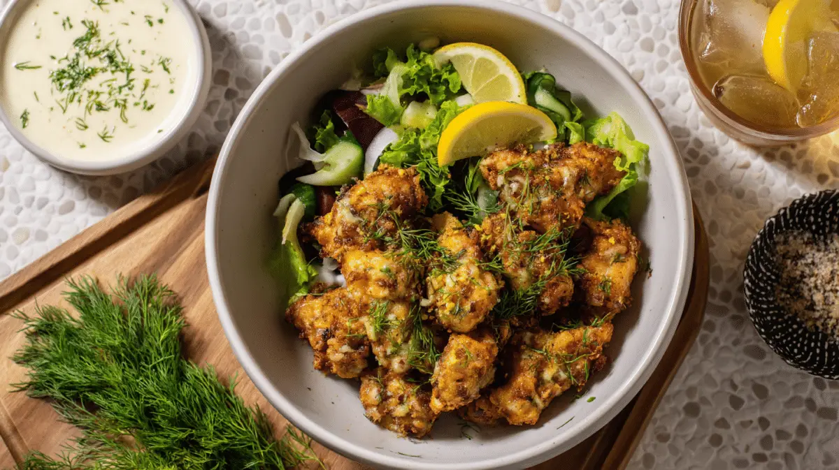 Lemon fried chicken tenders served with lemon aioli and fresh salad