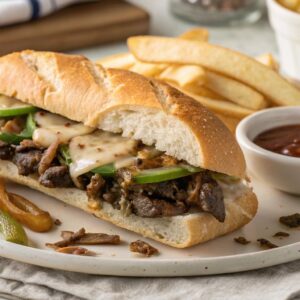 A close-up hero shot of a fully loaded air fryer Philly cheesesteak sandwich, sliced to show gooey cheese pulls, caramelized onions, tender beef, and bell peppers inside a toasted roll. Garnished with fries and dipping sauce, this image offers a bold, real, and mouthwatering presentation.