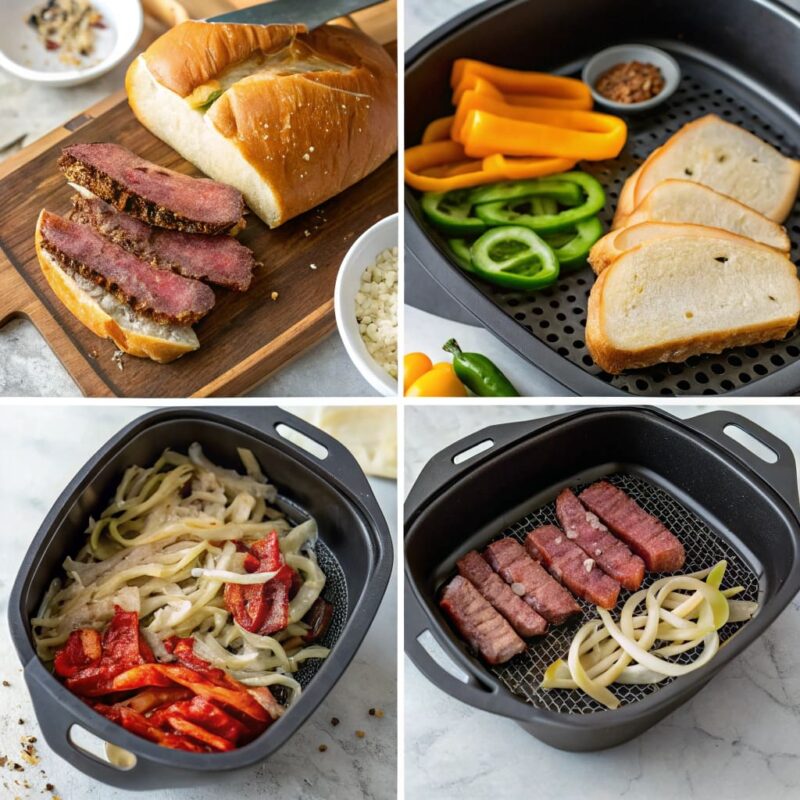 A split image showing the real-life step-by-step process of making air fryer Philly cheesesteaks. Includes: seasoned sliced ribeye steak, sizzling onions and peppers in the air fryer, beef topped with melting cheese, and the final sandwich assembly with toasted hoagie rolls—highlighting each savory, gourmet stage.