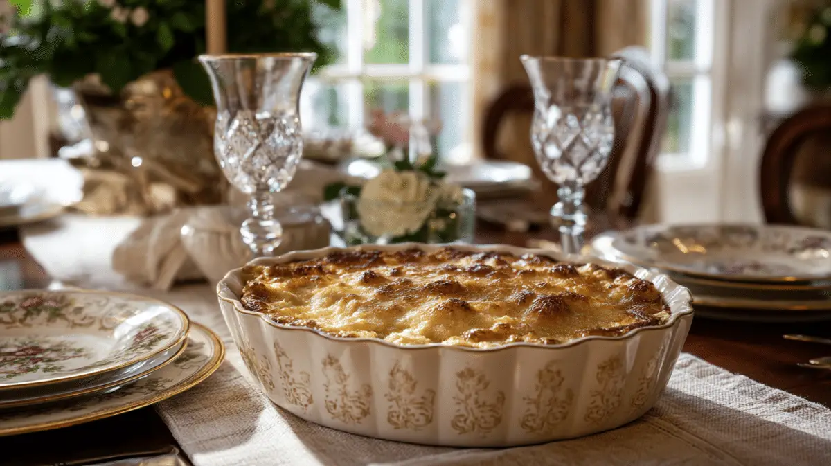 Neiman Marcus chicken casserole served in a cozy Southern kitchen with elegant vintage tableware and golden hour lighting.