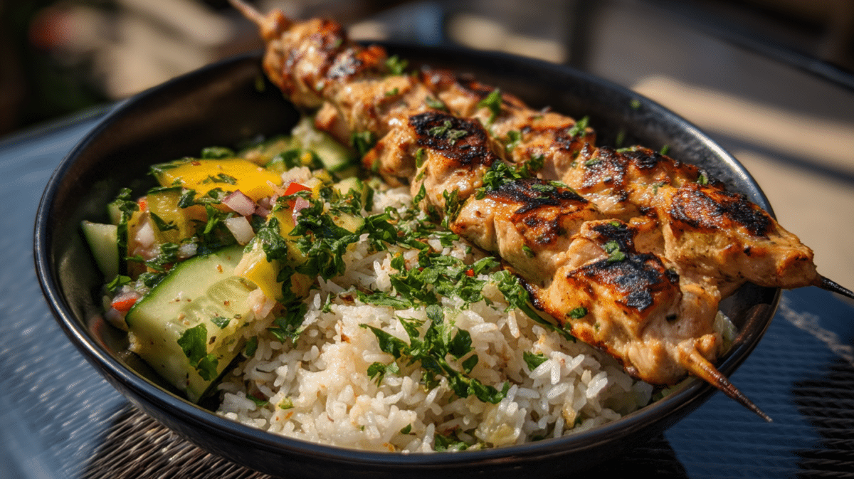 Logan Moffitt cucumber salad paired with grilled chicken and rice