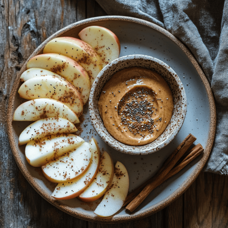 Apple slices with peanut butter served as a healthy snack