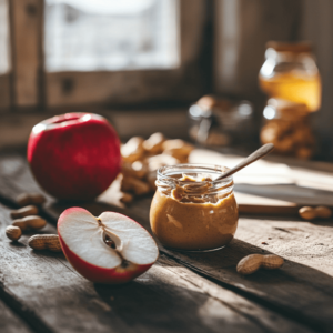 Sliced red apple with homemade peanut butter on a rustic kitchen table