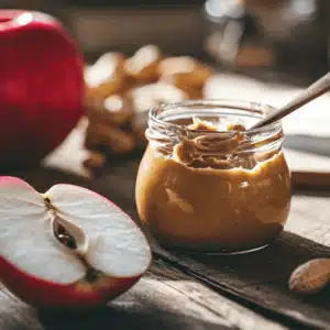 Sliced red apple with homemade peanut butter on a rustic kitchen table