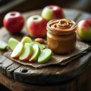Sliced apples served with homemade peanut butter on a rustic plate