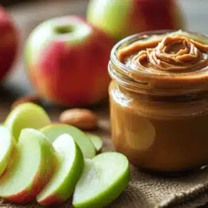 Sliced apples served with homemade peanut butter on a rustic plate