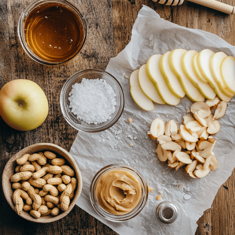 Ingredients for making apples with homemade peanut butter, including apples, peanuts, and honey