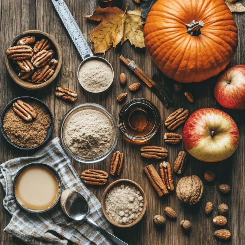 Autumn baking ingredients arranged on a wooden table