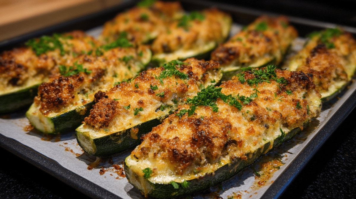 Baked zucchini boats with crispy herbed quinoa