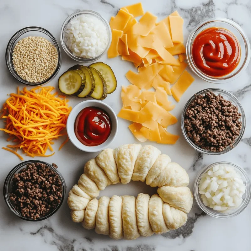 Flat lay of ingredients for Cheeseburger Crescent Ring including ground beef, crescent dough, and condiments