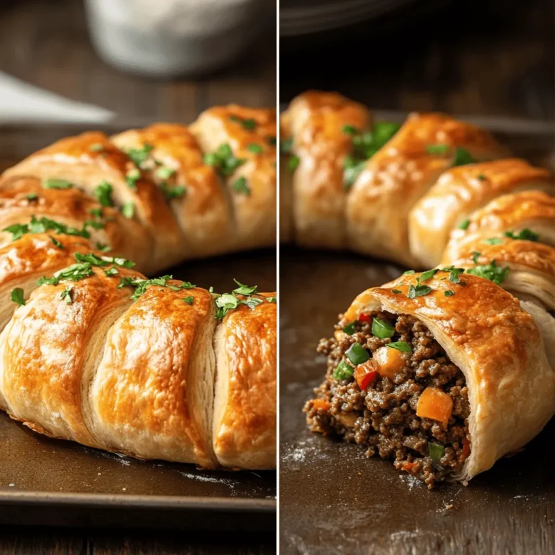 Assembling the crescent dough with beef filling; baked Cheeseburger Crescent Ring ready to serve