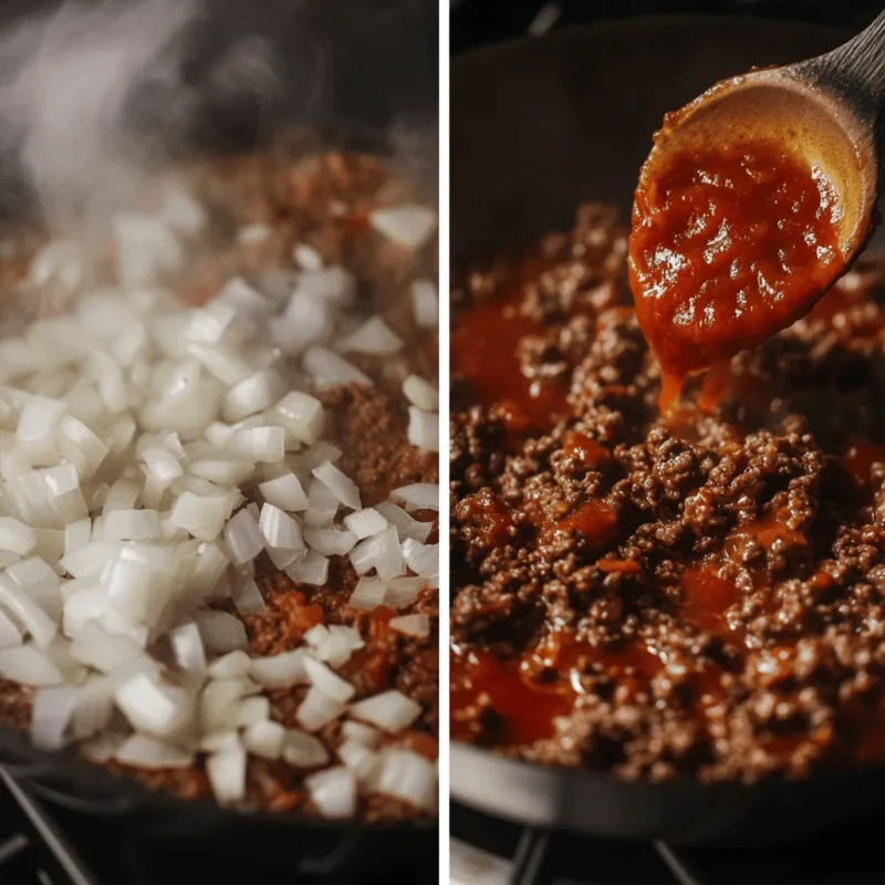 Cooking ground beef and onions; mixing beef with ketchup and mustard in a skillet.