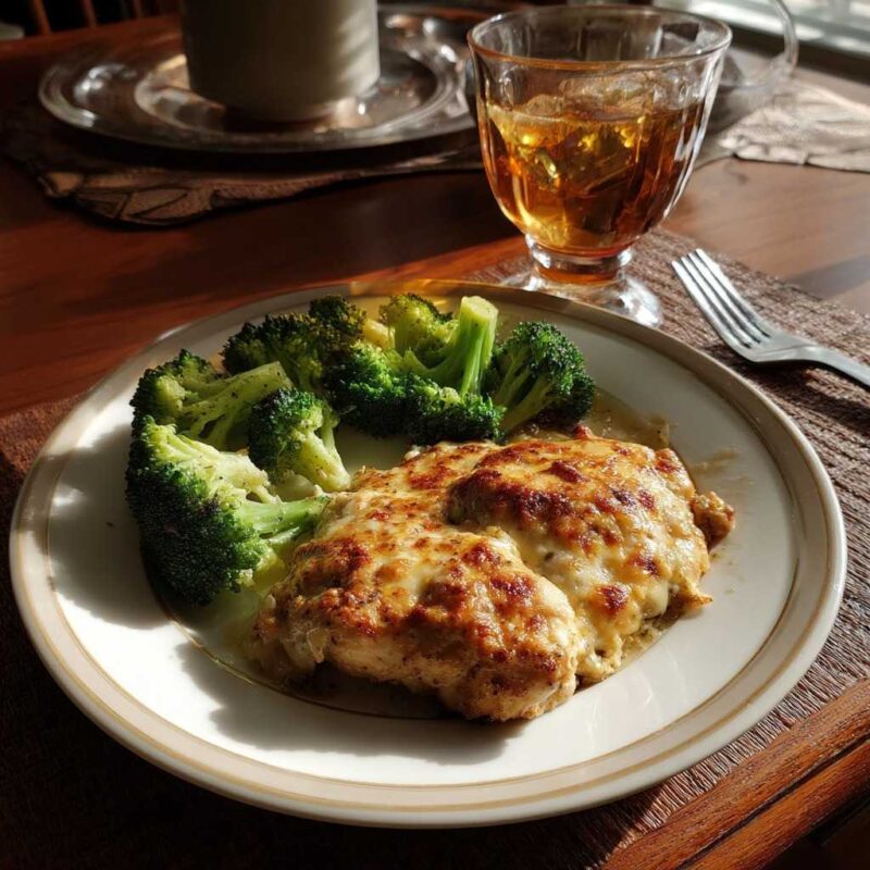 Neiman Marcus chicken casserole with broccoli and iced tea