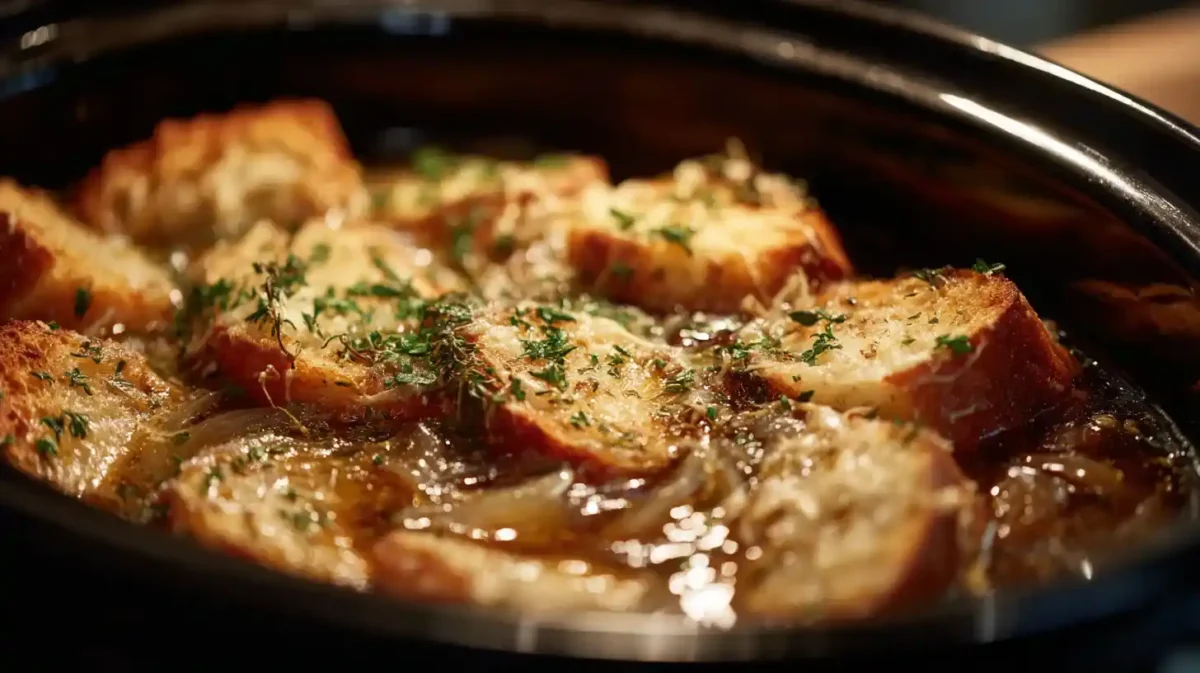 Crockpot chicken French onion soup with Mediterranean flavors