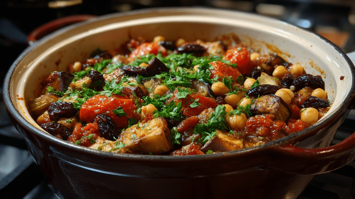 Moroccan tagine with eggplant and chickpeas ready to bake