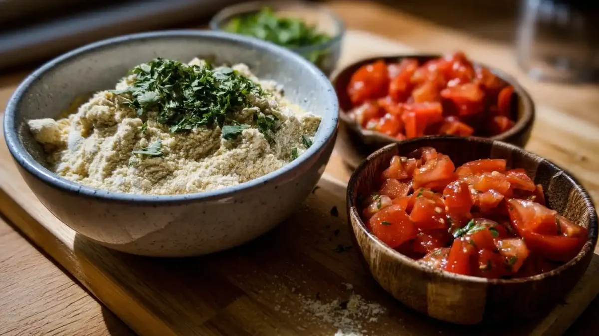 Chickpea flour, tomatoes, and herbs for vegan omelet