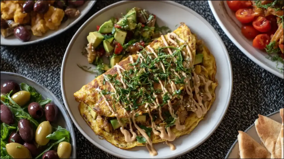 Plated chickpea omelet with Mediterranean toppings and sides