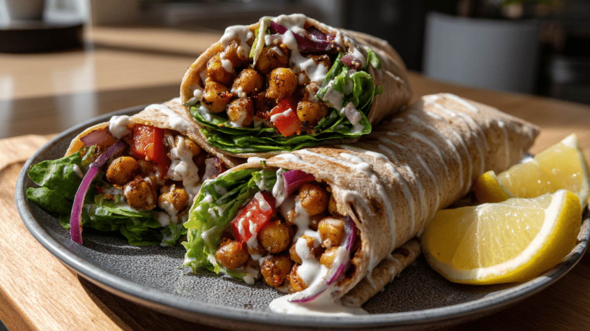 Vegan chickpea shawarma wrap with tahini sauce
