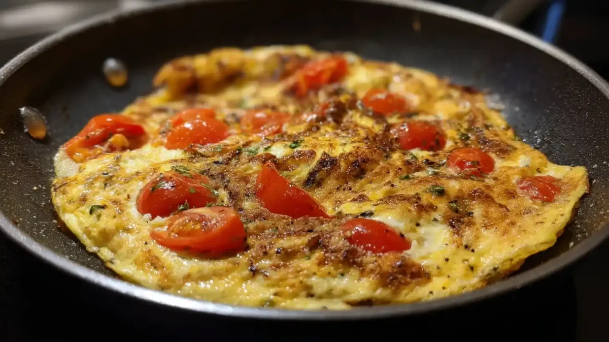 Chickpea omelet cooking in skillet with golden edges