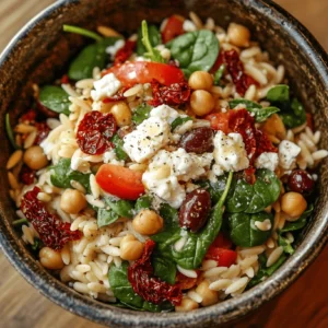 Costco Mediterranean Orzo Salad in a ceramic bowl with fresh ingredients.