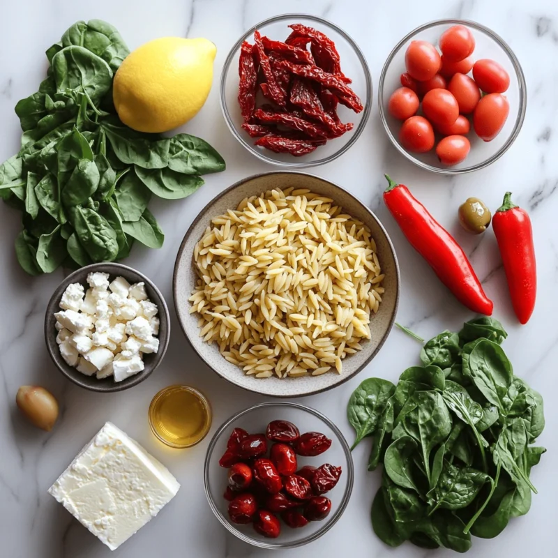 Ingredients for Costco Mediterranean Orzo Salad displayed on marble countertop.