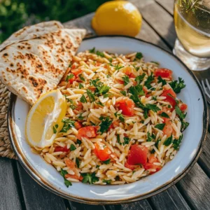 Costco-style Mediterranean Orzo Salad served with pita bread and lemon.
