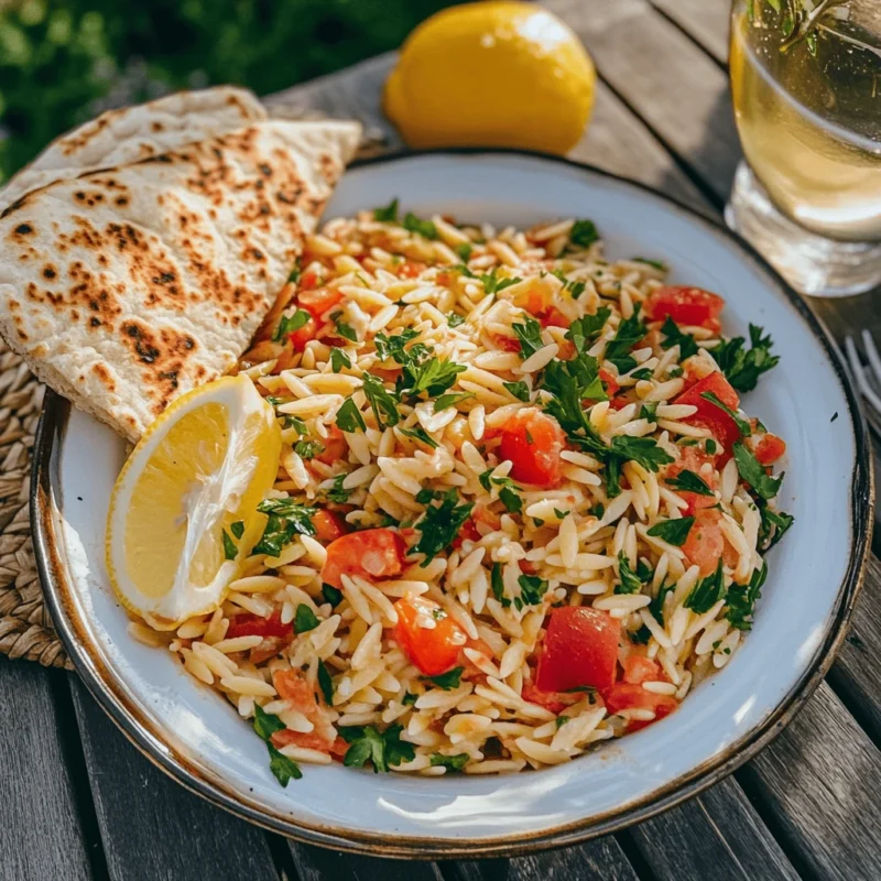 Costco-style Mediterranean Orzo Salad served with pita bread and lemon.