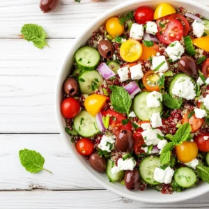Costco Mediterranean Salad in a white bowl with colorful fresh ingredients.