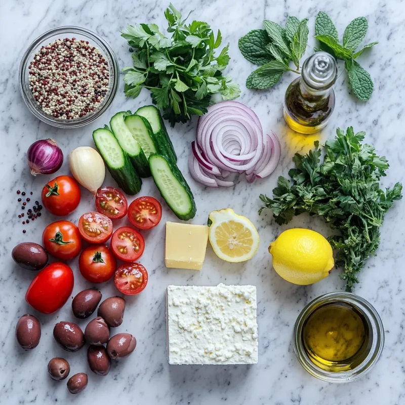 Fresh ingredients for homemade Costco Mediterranean Salad laid out on a marble surface.