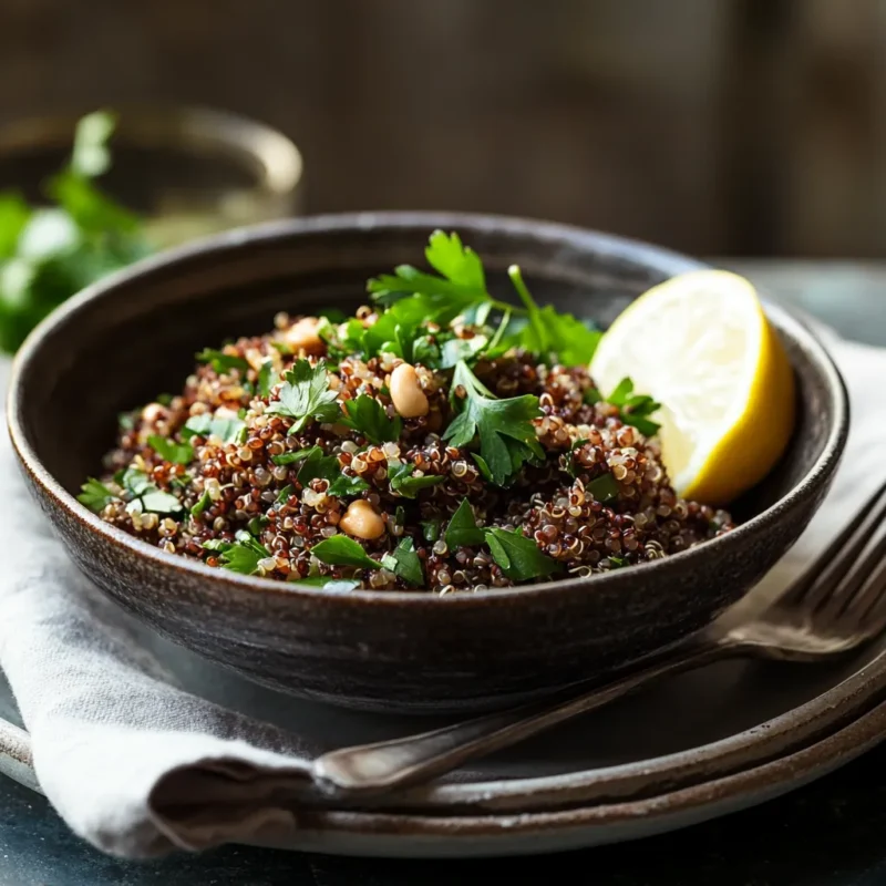 A serving of homemade Costco Mediterranean Salad with a lemon wedge and herbs.