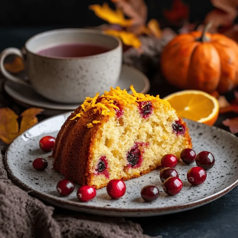 Slice of cranberry orange bundt cake served with tea