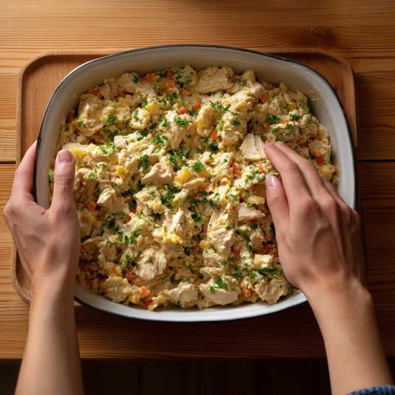 Preparing Neiman Marcus chicken casserole in a baking dish