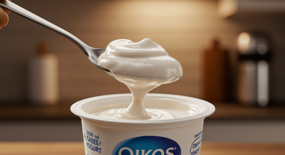 Creamy Oikos Greek Yogurt being scooped with a spoon