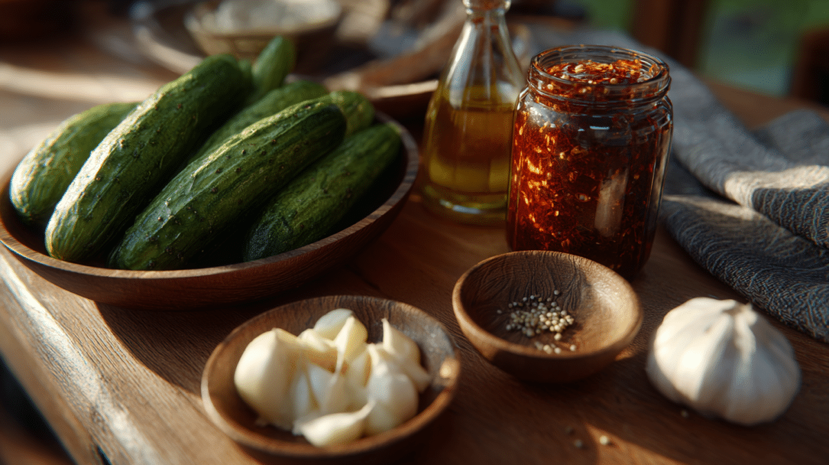 Ingredients for Logan Moffitt cucumber salad recipe on counter