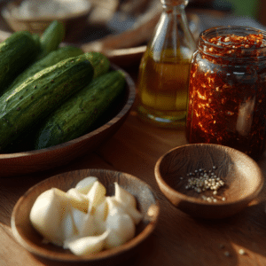 Ingredients for Logan Moffitt cucumber salad recipe on counter