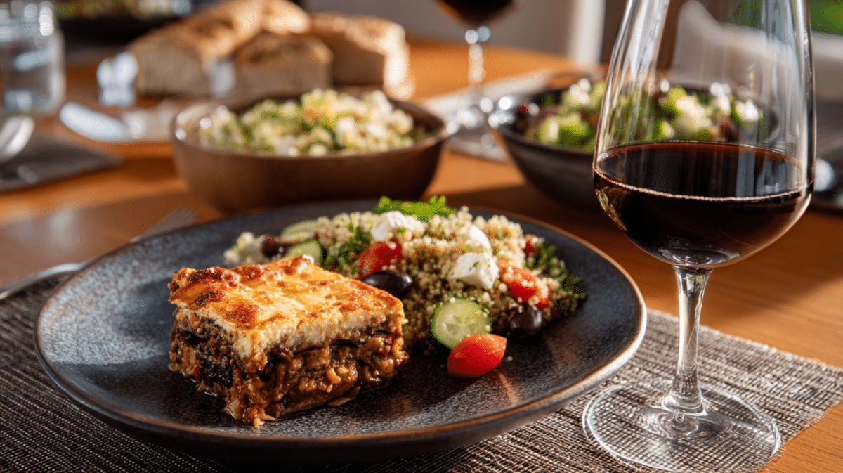 Vegan moussaka served with Greek salad and red wine