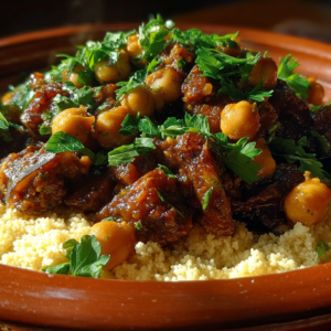 Eggplant Chickpea Tagine with Couscous in traditional Moroccan bowl
