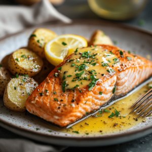 Plated lemon butter salmon served with crispy potatoes and fresh herbs