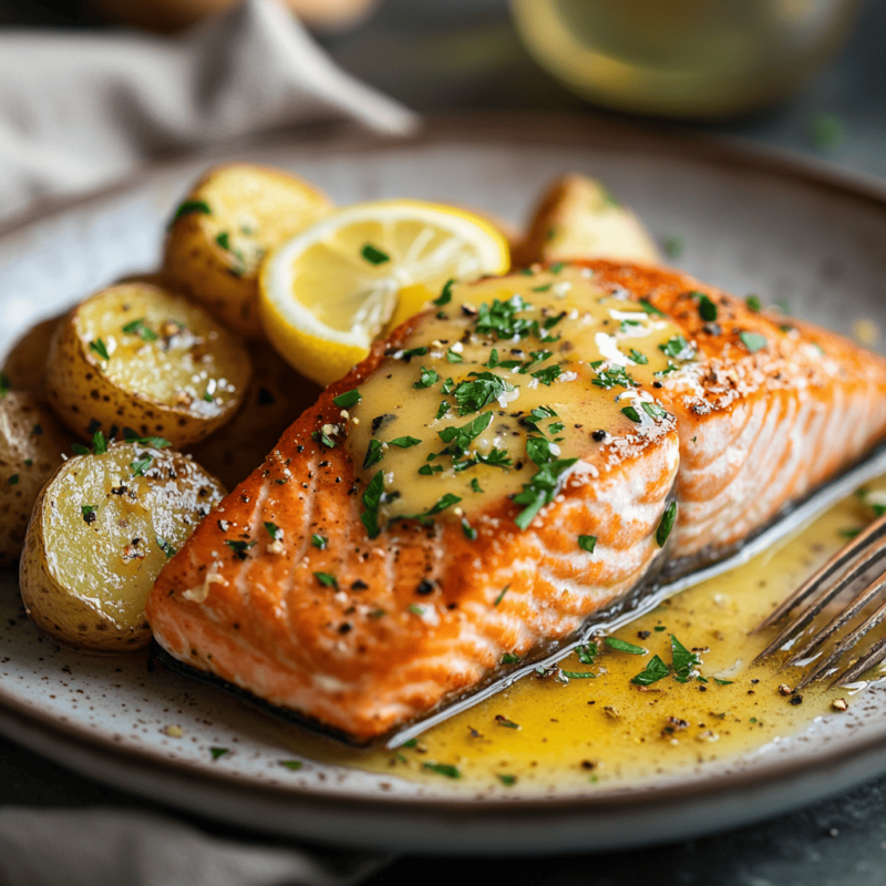 Plated lemon butter salmon served with crispy potatoes and fresh herbs