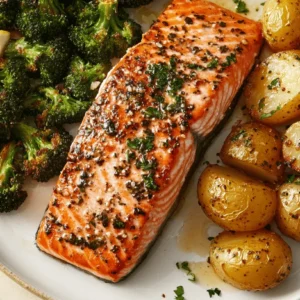Lemon butter salmon served with roasted potatoes and broccoli on a white plate