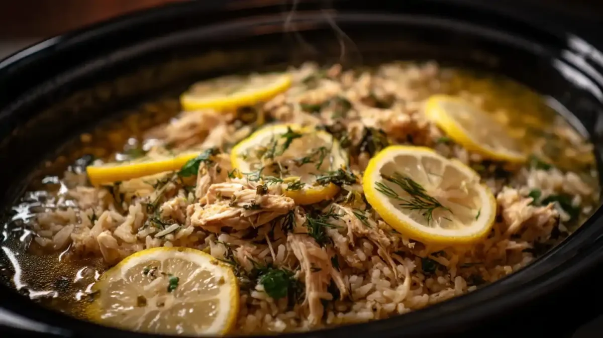 Greek chicken lemon rice slow-cooked with herbs and citrus
