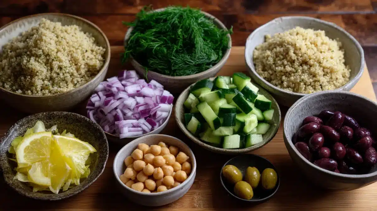Ingredients for Greek Quinoa Salad with Lemon and Dill