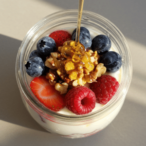 Greek yogurt parfait with honey, berries, and nuts
